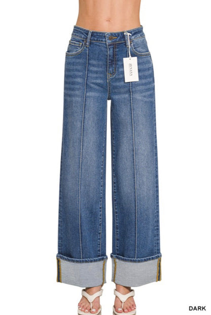 Cuffed Wide Leg Denim Pants