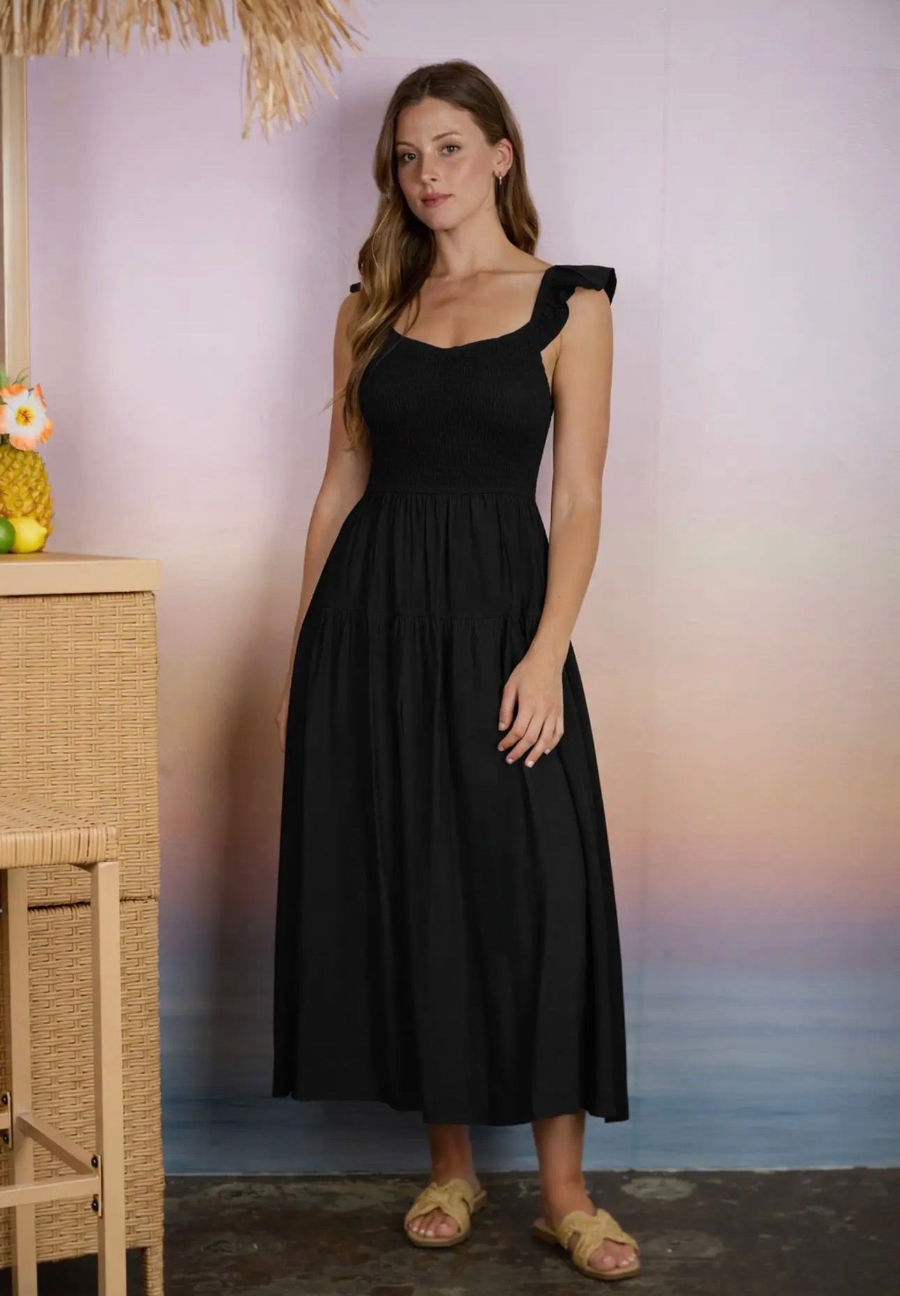Black Smocked Ruffle Sleeve Dress