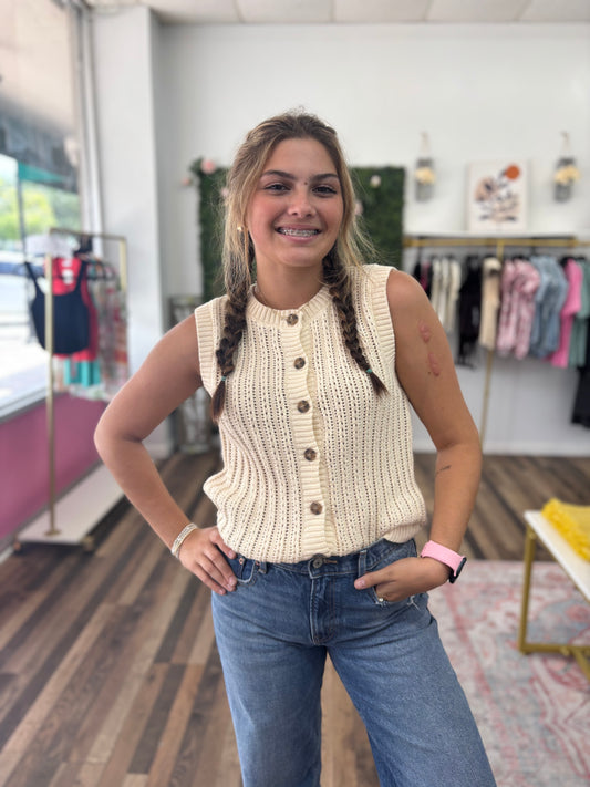 Crew Neck Button Knit Top