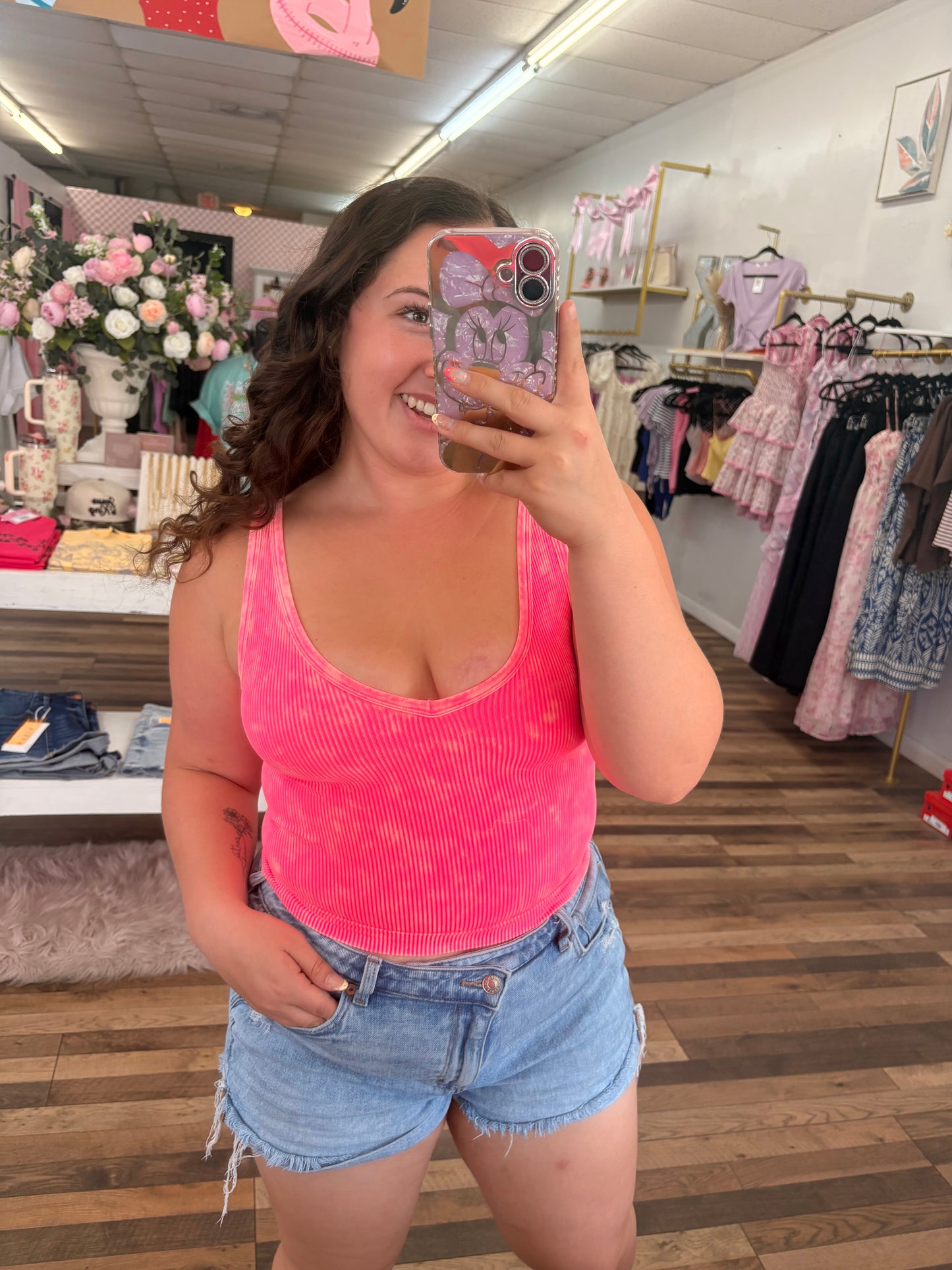 2 way Pink Washed Ribbed Tank
