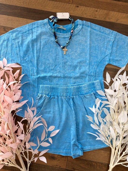 Sky Blue Washed Top & Shorts Set