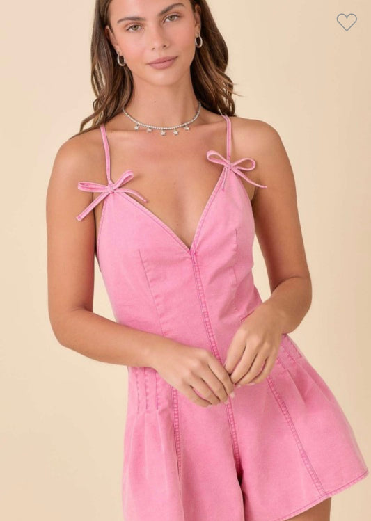 Pink Denim Bow Strap Romper