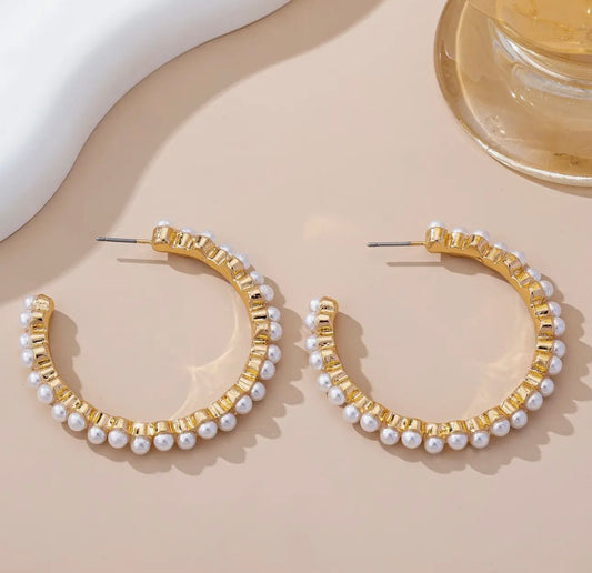 Pearl Embellished Gold Hoops