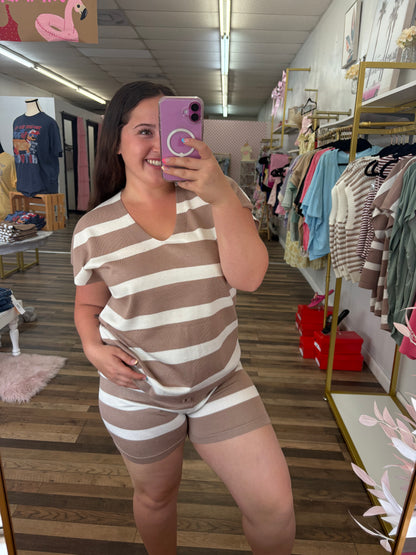 Tan Striped Shorts Set