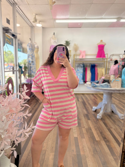 Pink Striped Casual Romper