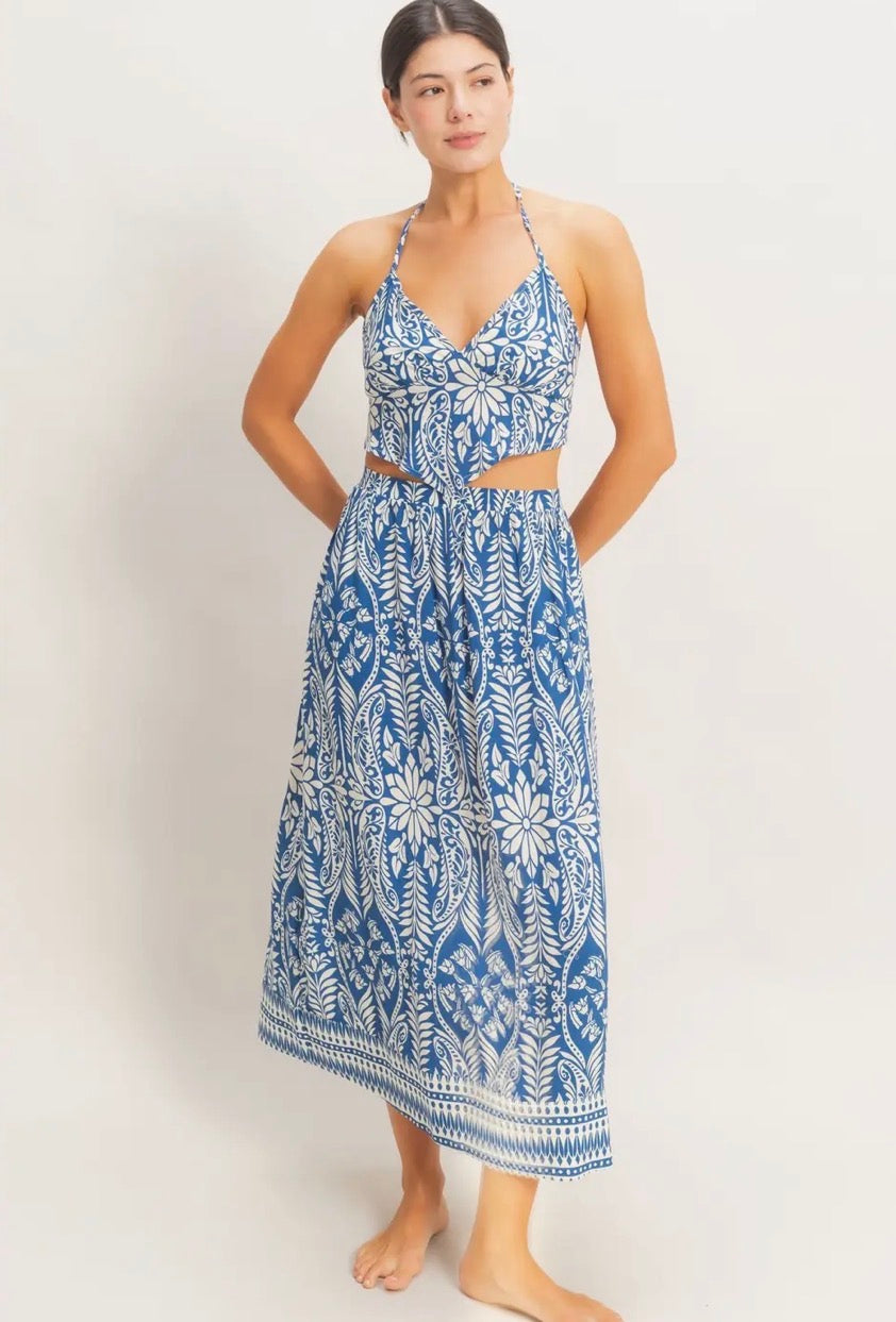Blue Tropical Halter & Skirt Set