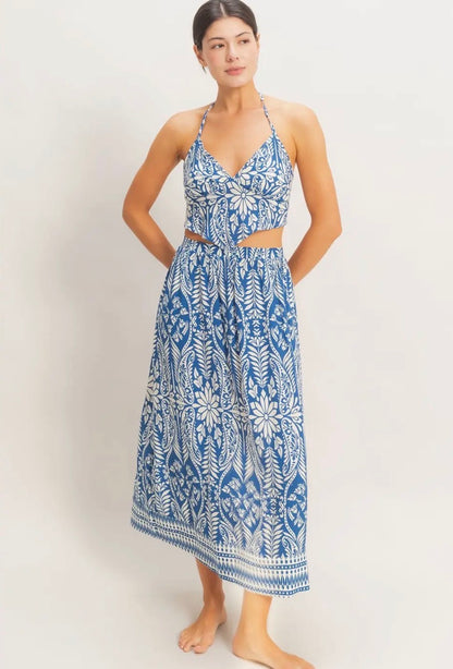 Blue Tropical Halter & Skirt Set