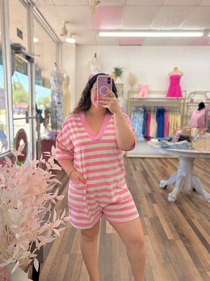 Pink Striped Casual Romper