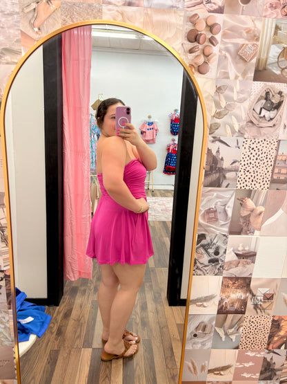 Strapless Shirred Waist Romper Pink
