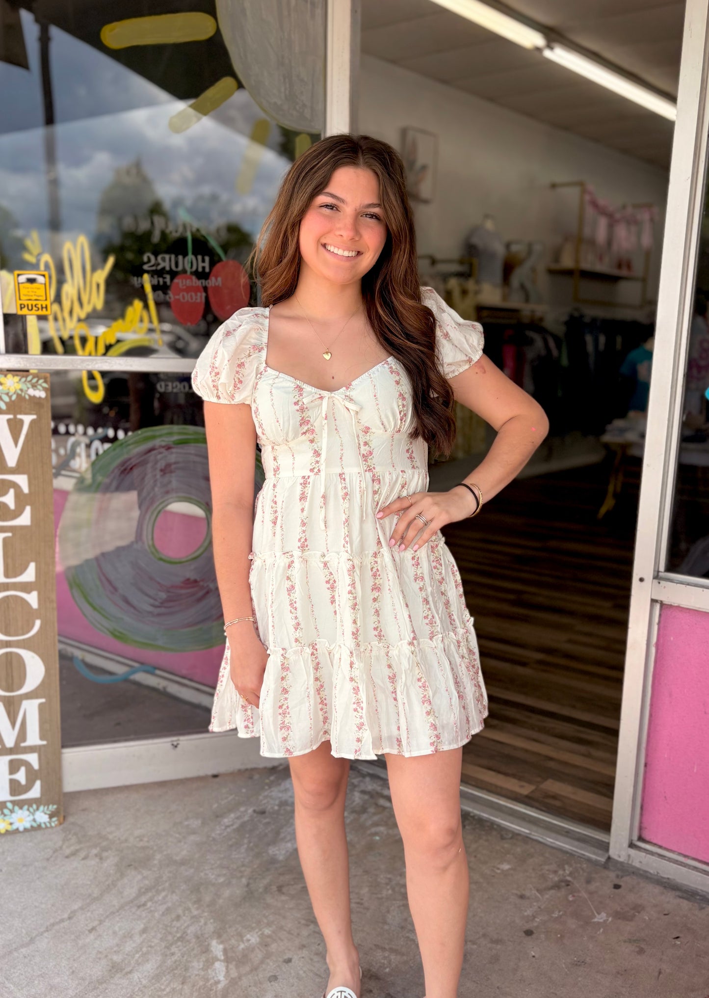 Stripe Floral Puff Sleeve Mini Dress