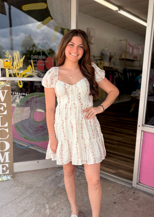 Stripe Floral Puff Sleeve Mini Dress