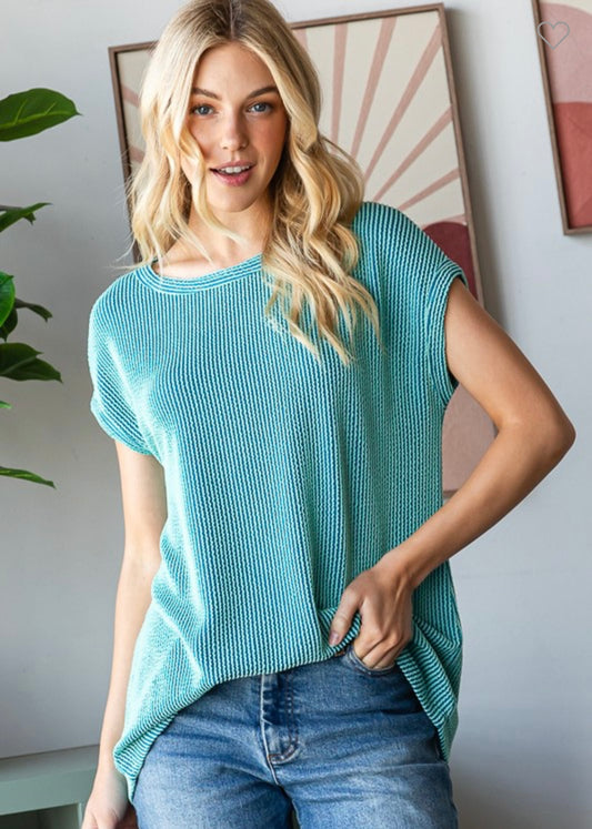 Turquoise Solid Ribbed Top