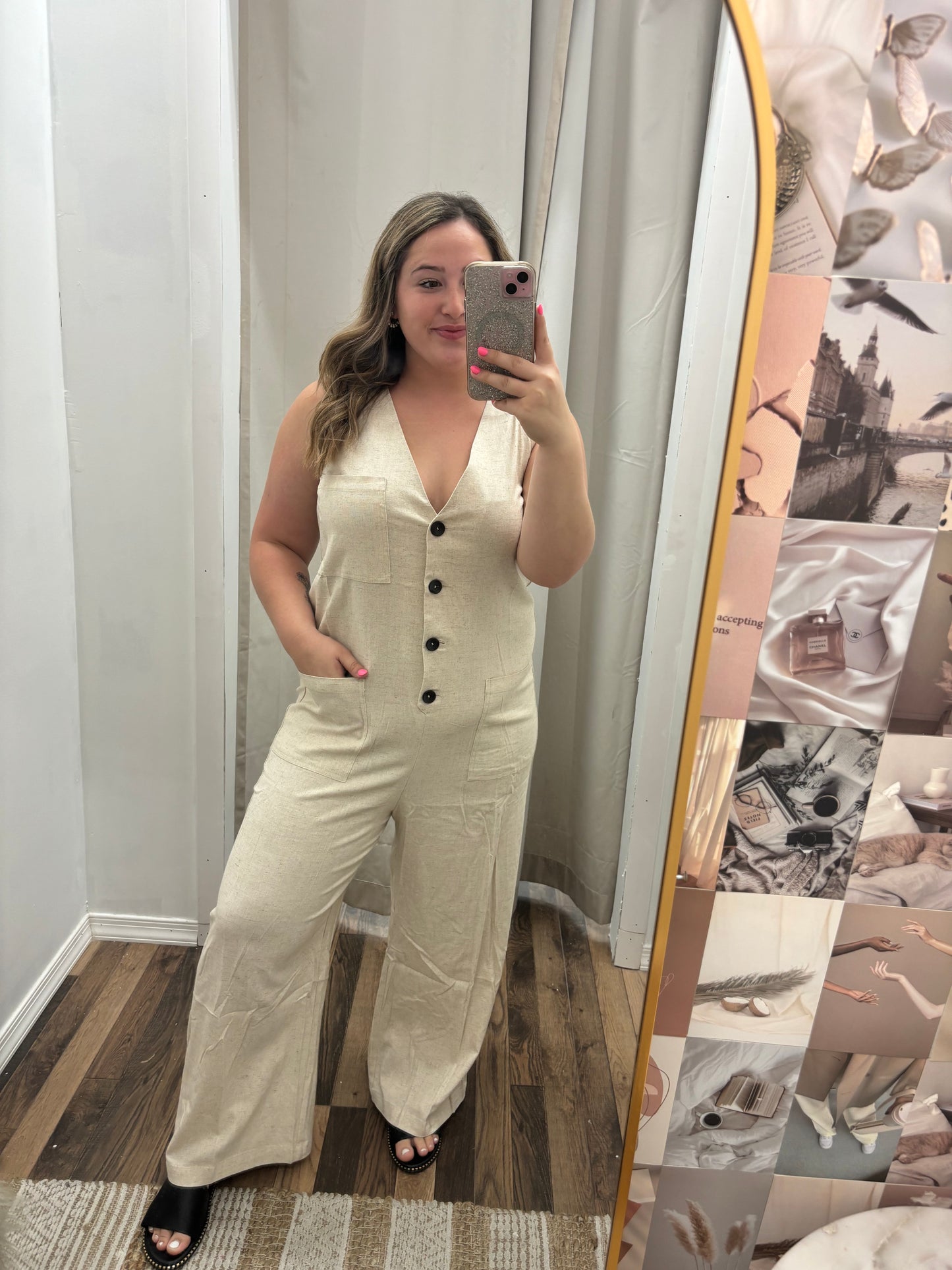 Linen Oatmeal Button Jumpsuit