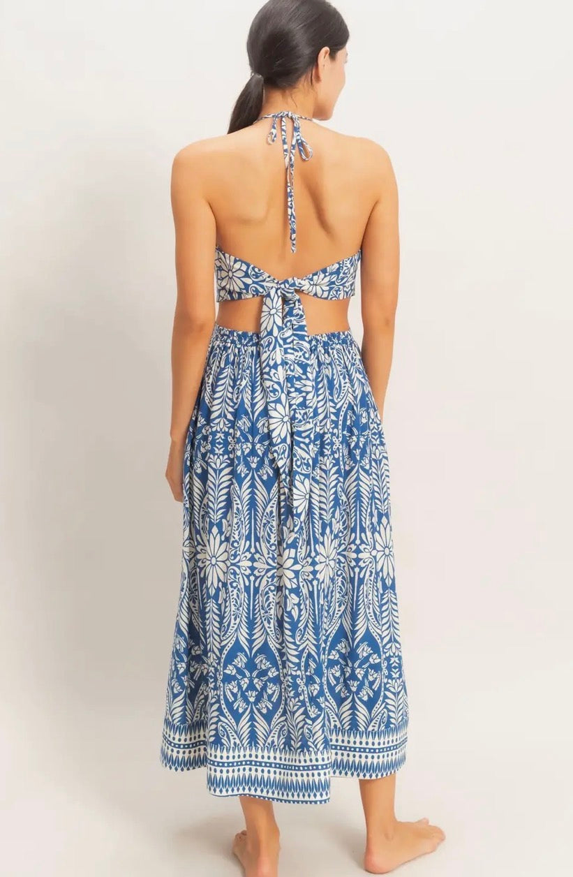 Blue Tropical Halter & Skirt Set