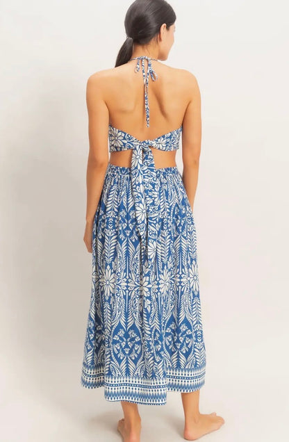 Blue Tropical Halter & Skirt Set