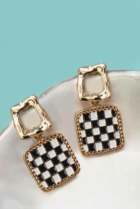 Double Square Checkered Drop Earrings