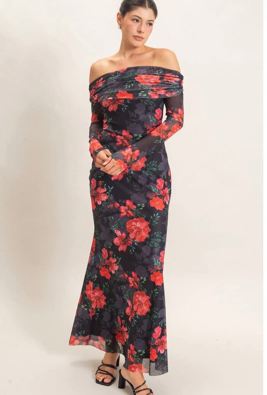 Off Shoulder Mesh Floral Dress