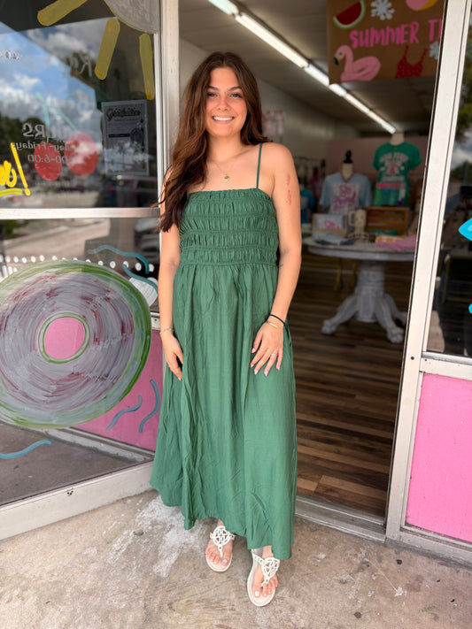 Shirred Bodice Strap MIDI Dress