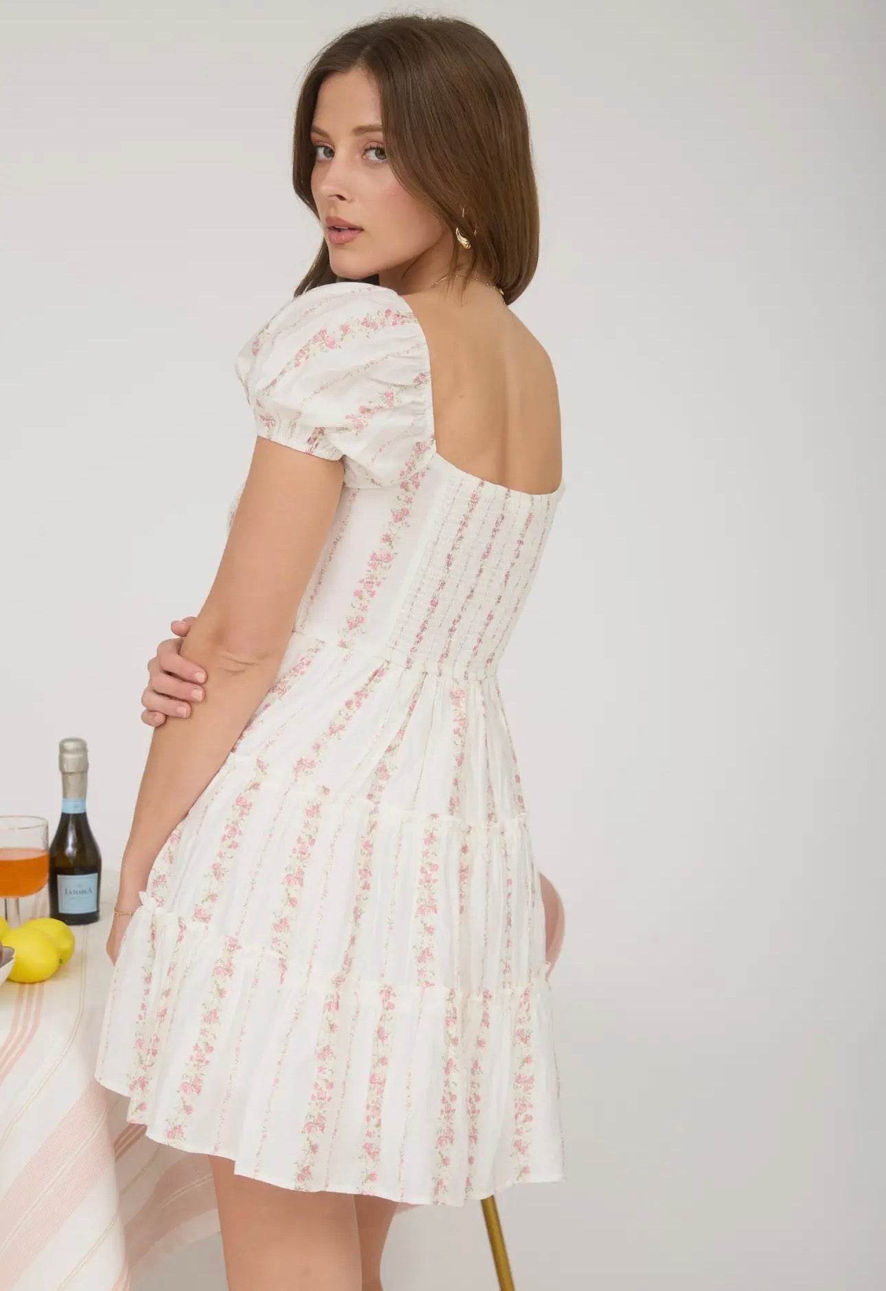 Stripe Floral Puff Sleeve Mini Dress