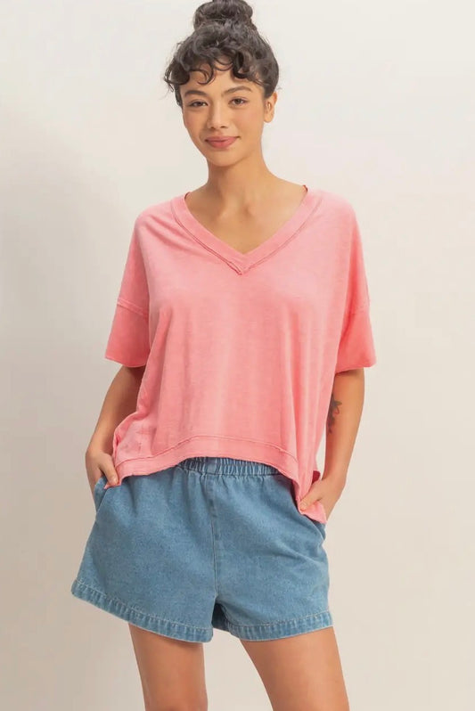 Oversized Pink V Neck Blouse