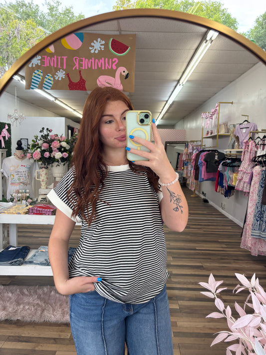CURVY Stripe Contrast Black Top