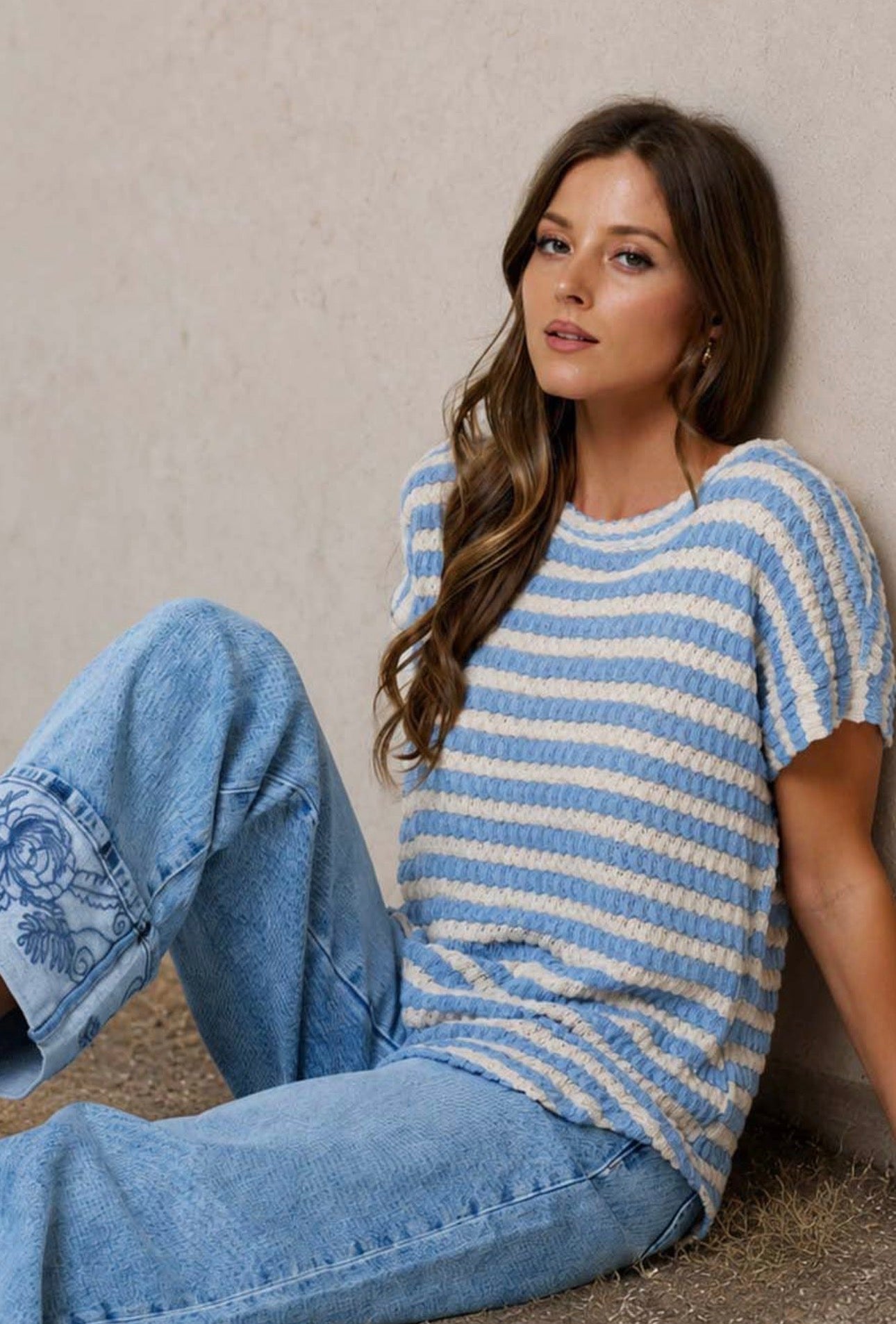 Blue Textured Stripe Dolman Top