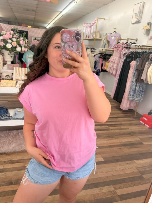 Candy Pink Rolled Boyfriend Tee