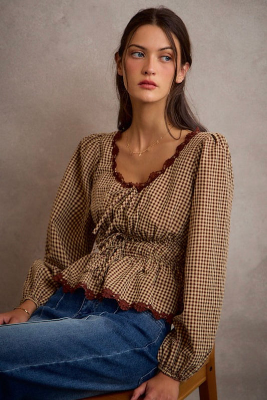 Gingham Check Lace Trim Blouse