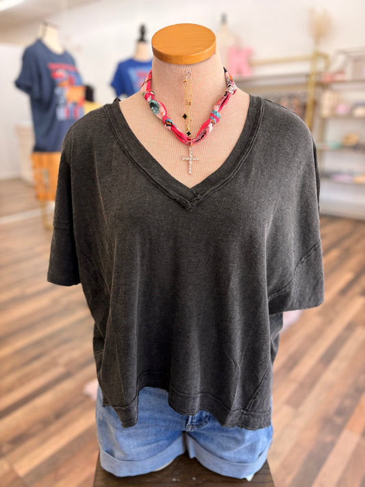 Black Oversized V Neck Top