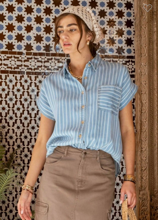Stripe Chambray Button Top