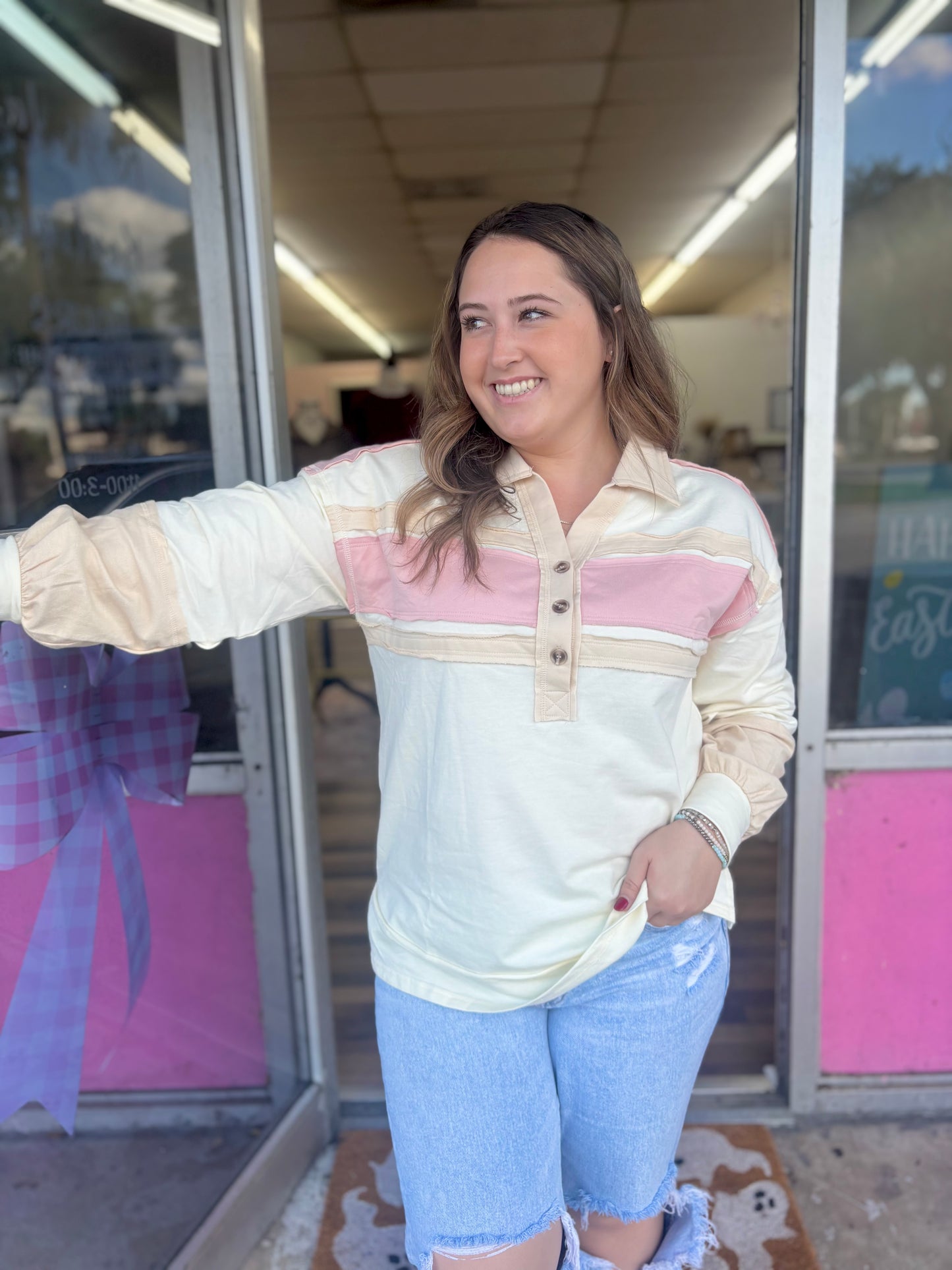 Cream Pink Colorblock Top