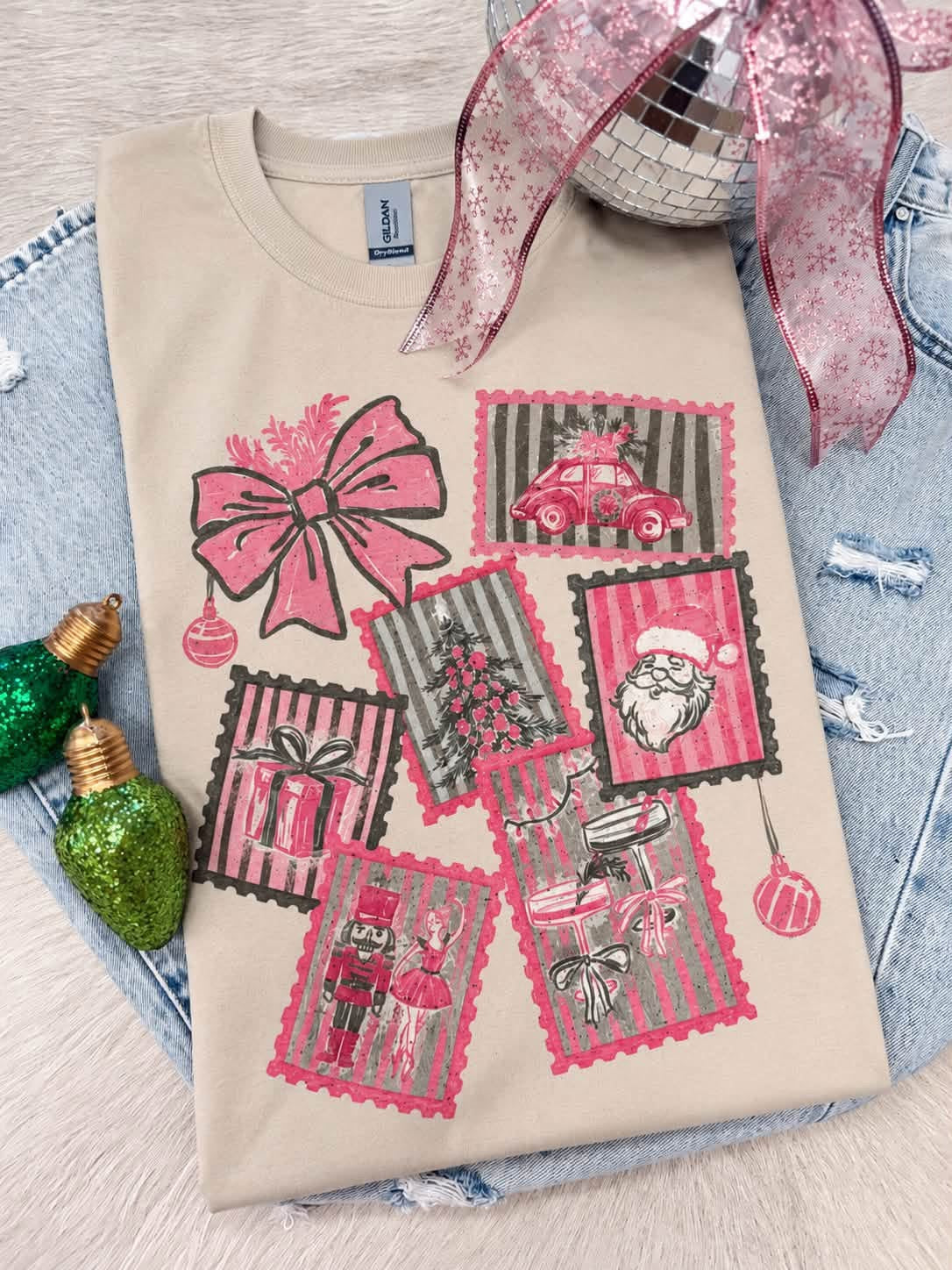 Pink Christmas Bow Stamp Tee