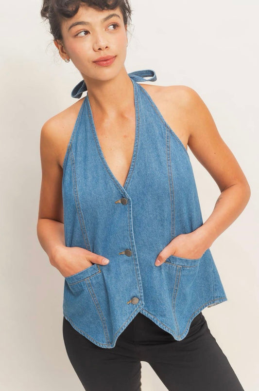 Denim Back Tie Halter Vest