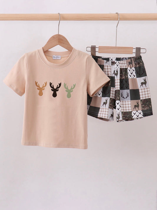 Hunting Deer Embroidery Shorts Set