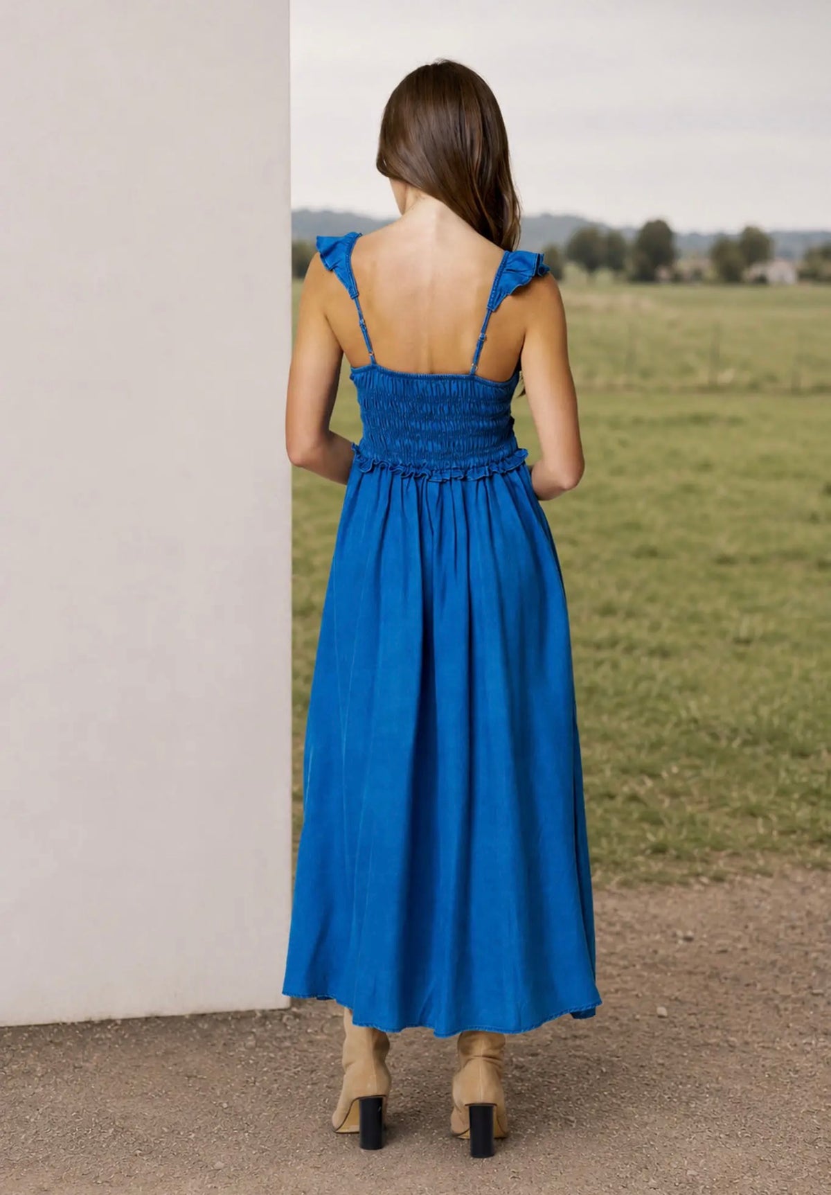 Smocked Ruffle Strap Denim MIDI Dress
