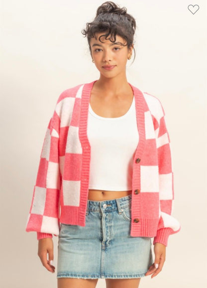 Pink Checkered Cardigan Sweater