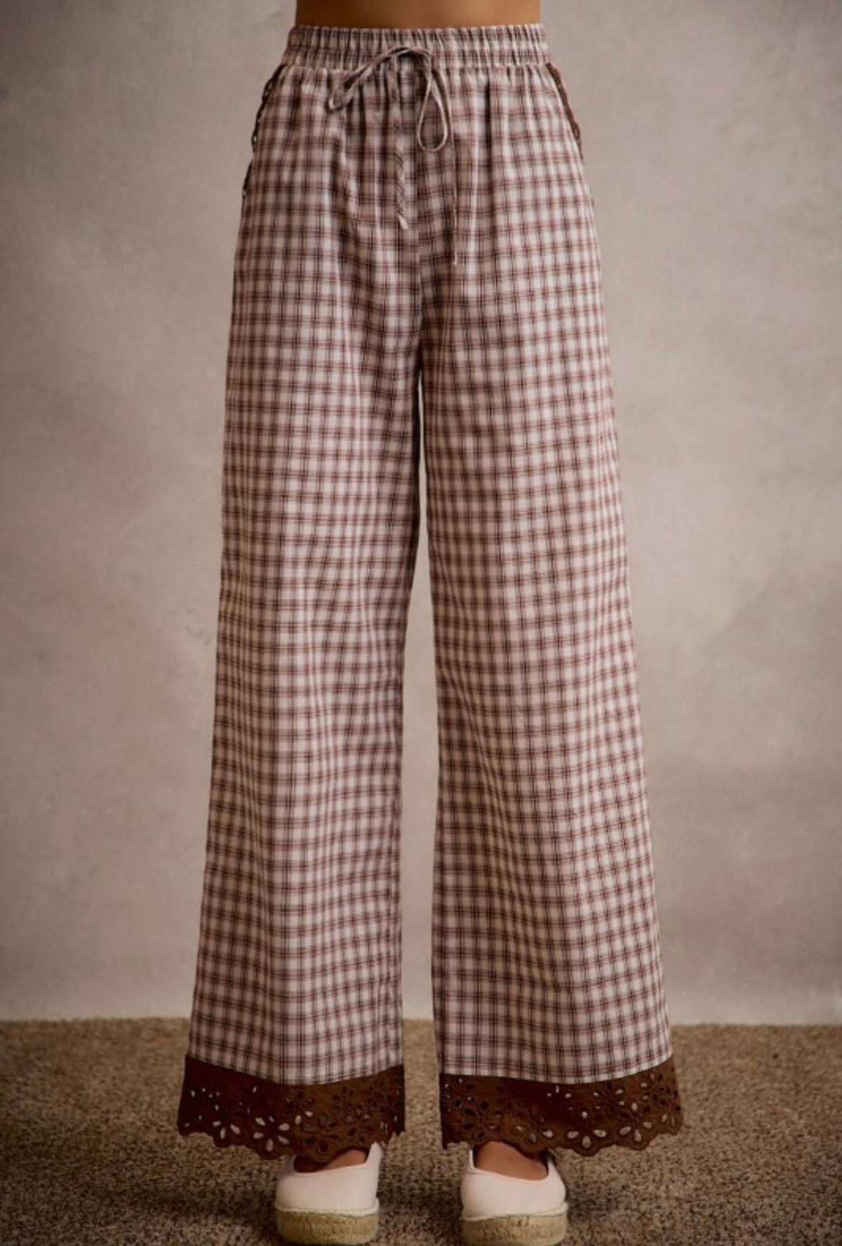 Cotton Plaid Wide Leg Pants