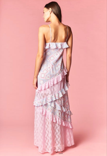 Patchwork Lace Ruffle Maxi Dress