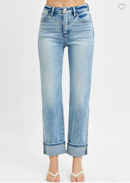 Tummy Control High Rise Crop Straight Cuff Jeans