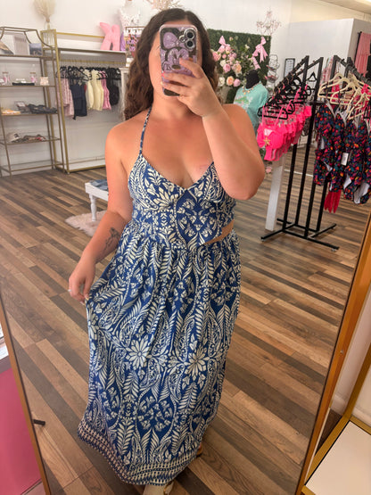 Blue Tropical Halter & Skirt Set