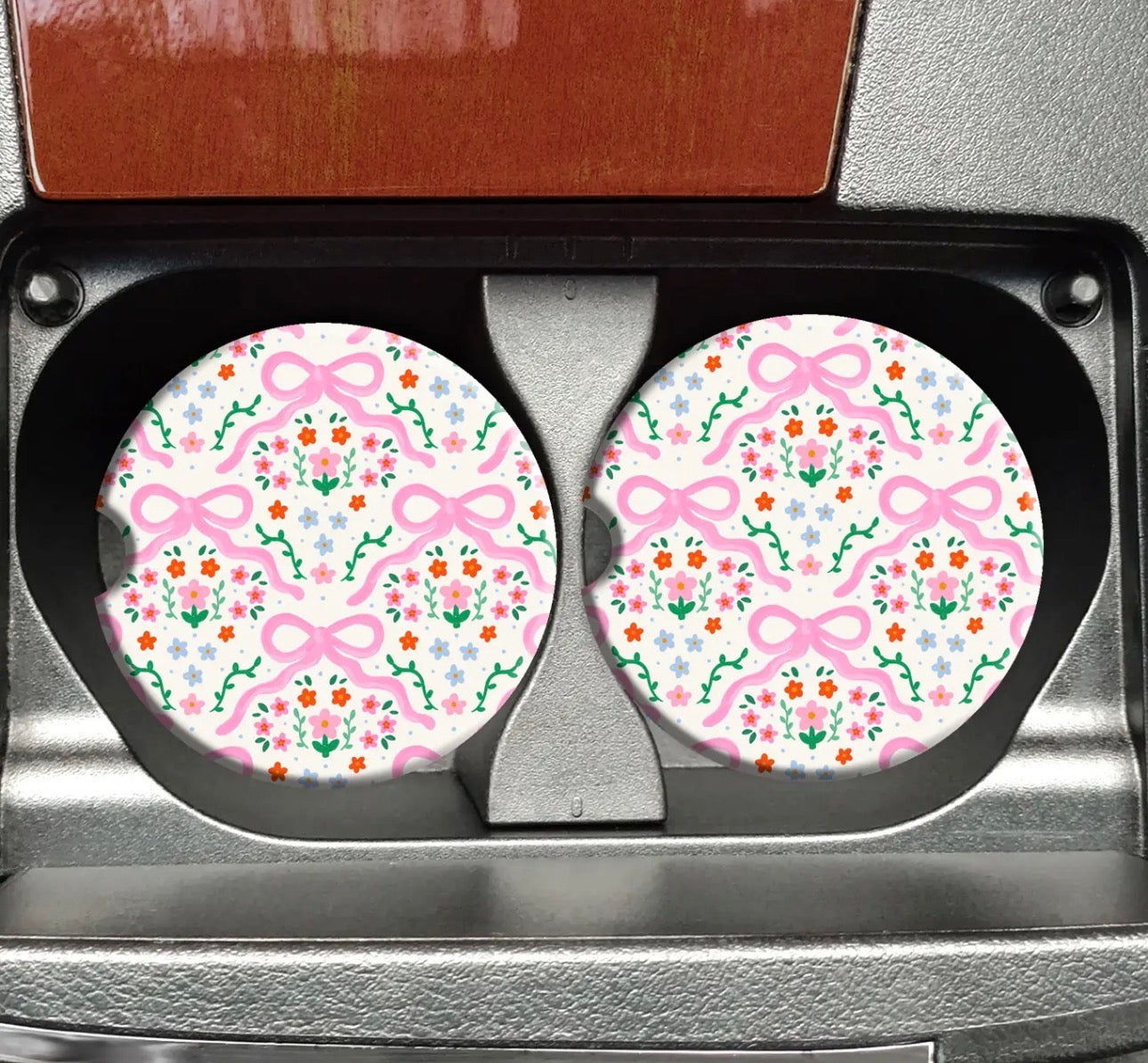 Pink Bow Floral Car Coasters