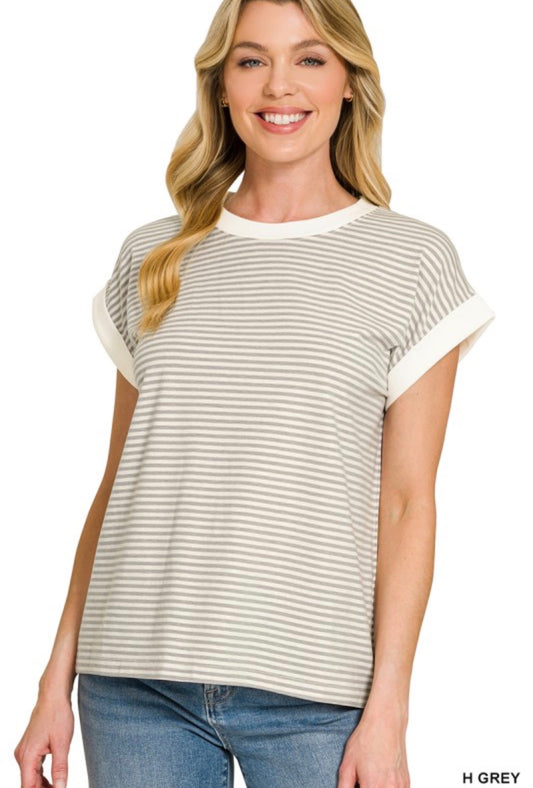 Grey Striped Contrast Top