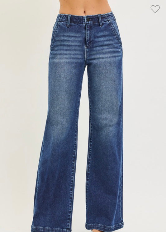 High Rise Wide Leg Slanted Pocket Jeans