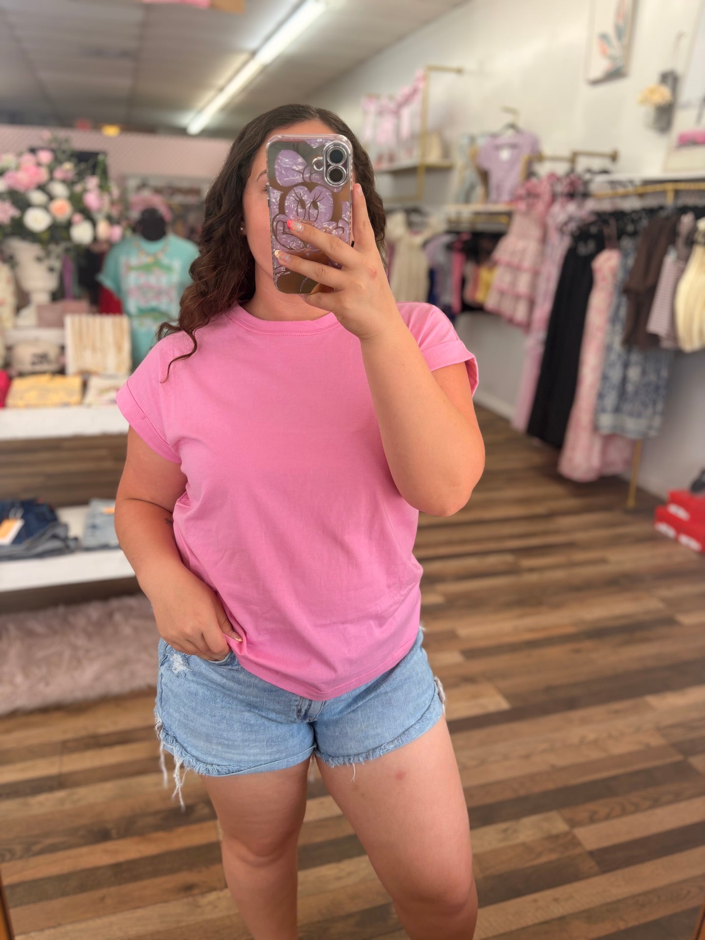 Candy Pink Rolled Boyfriend Tee