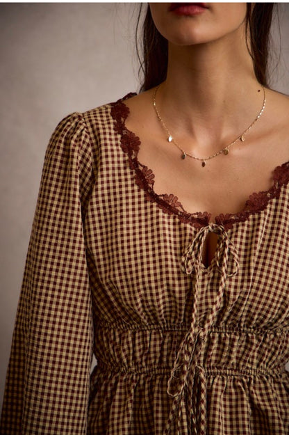 Gingham Check Lace Trim Blouse