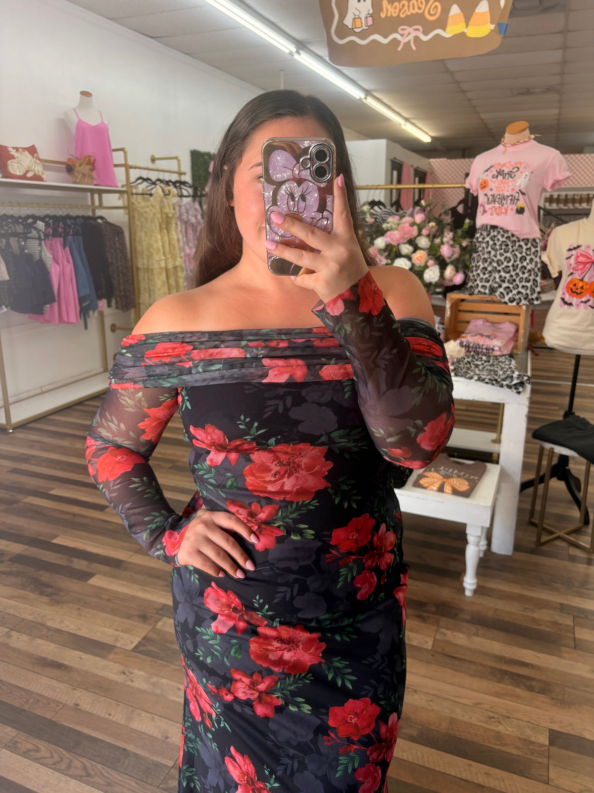 Off Shoulder Mesh Floral Dress