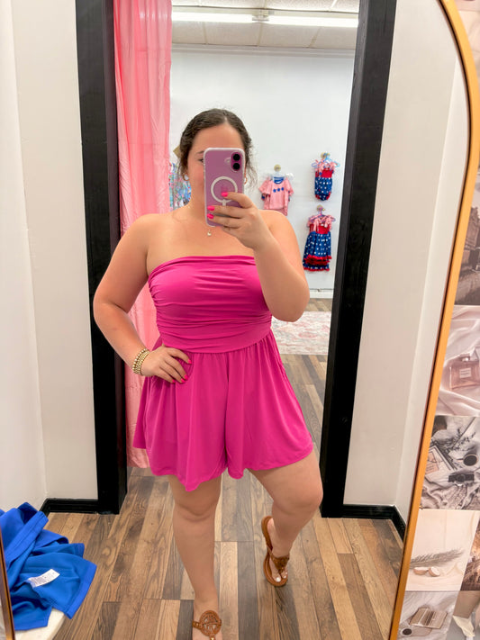 Strapless Shirred Waist Romper Pink