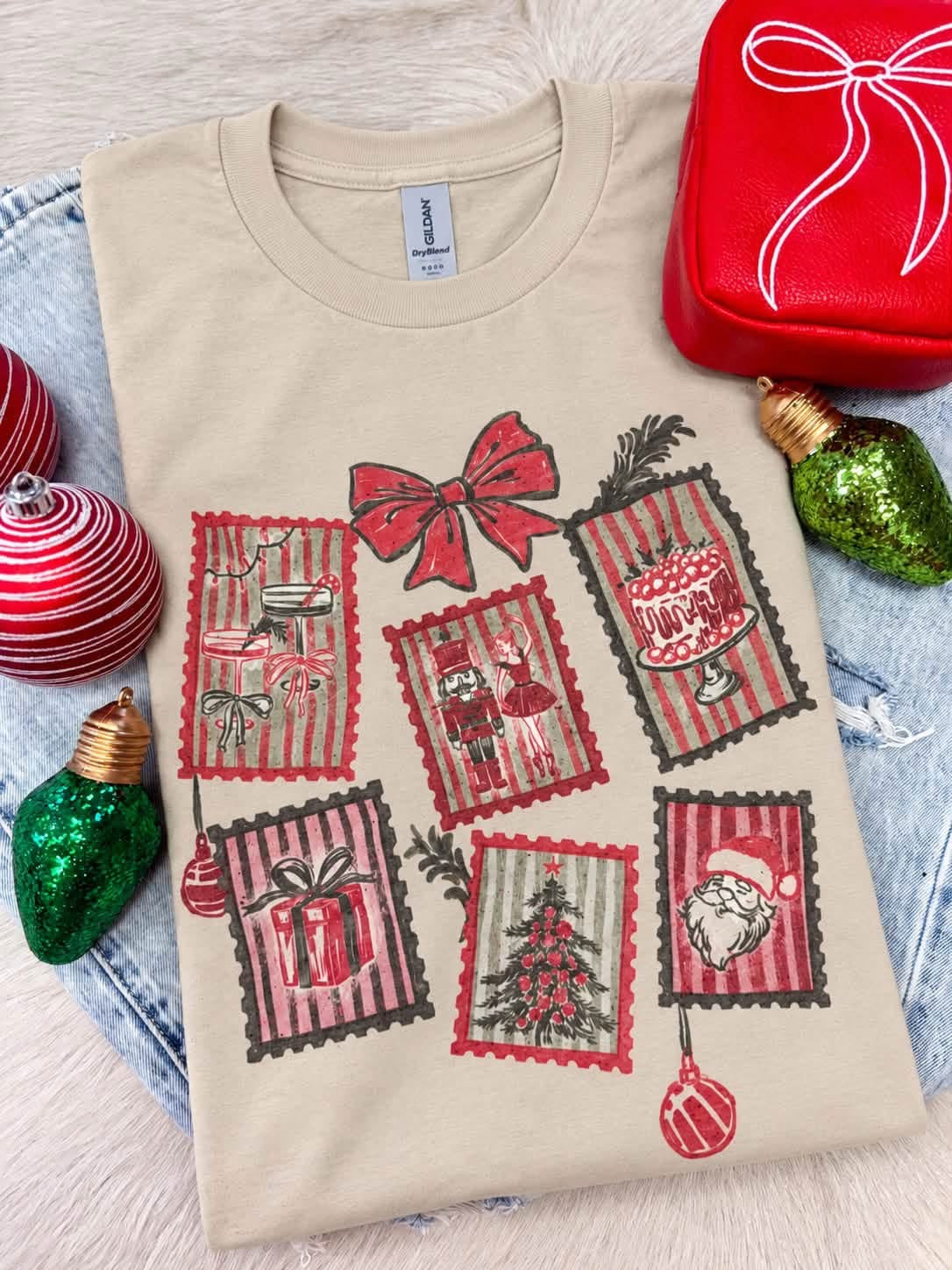 Red Bow Stamp Christmas Tee