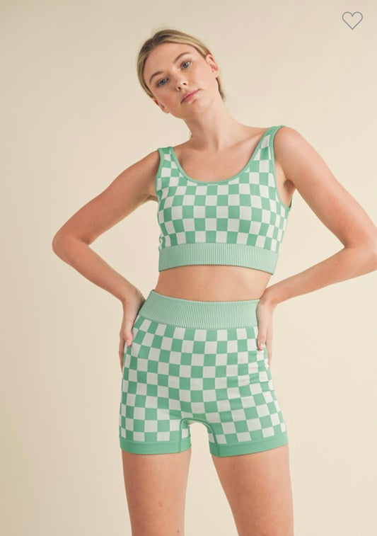 Green Checkered Two Piece Gym Set