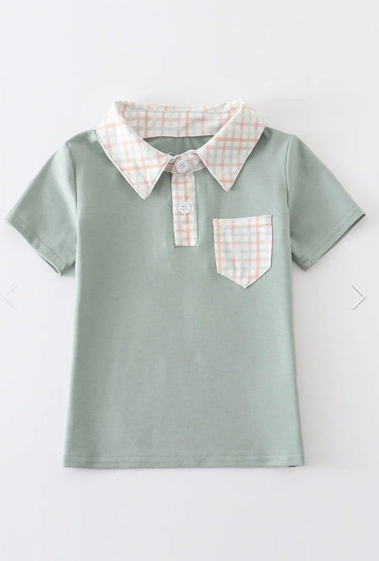 Boys Green Button Down Plaid Shirt